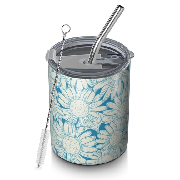12oz Coffee Tumblers Daisy Flower Pattern Stainless Steel Vacuum Insulated Travel Tumbler Coffee Cups Mug with Lid and Straw with Cleaning Brush for Cold & Hot Drinks