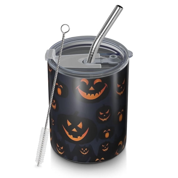 12oz Coffee Tumblers Dark Blue Halloween Pumpkin Faces Stainless Steel Vacuum Insulated Travel Tumbler Coffee Cups Mug with Lid and Straw with Cleaning Brush for Cold & Hot Drinks