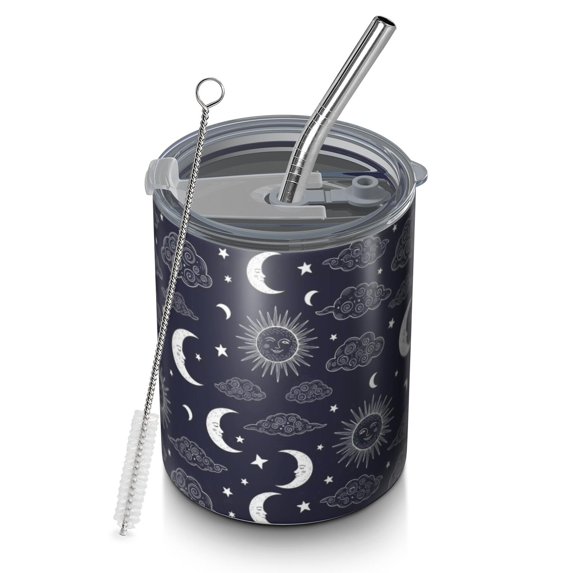 12oz Coffee Tumblers Dark Blue Sun Moon Cloud Pattern Stainless Steel Vacuum Insulated Travel Tumbler Coffee Cups Mug with Lid and Straw with Cleaning Brush for Cold & Hot Drinks
