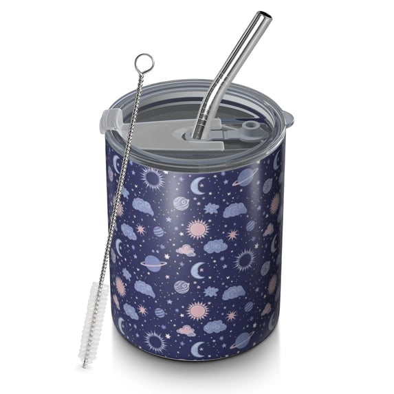 12oz Coffee Tumblers Dark Blue Sun Moon Cloud Planet Pattern Stainless Steel Vacuum Insulated Travel Tumbler Coffee Cups Mug with Lid and Straw with Cleaning Brush for Cold & Hot Drinks