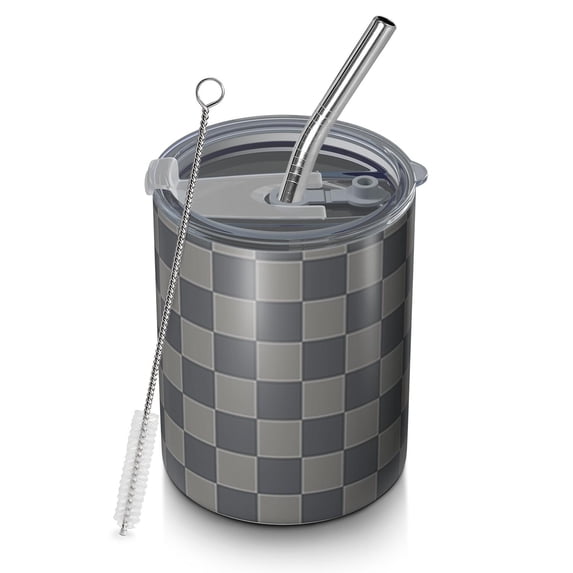 12oz Coffee Tumblers Dark Gray and Light Gray Checkered Pattern Stainless Steel Vacuum Insulated Travel Tumbler Coffee Cups Mug with Lid and Straw with Cleaning Brush for Cold & Hot Drinks