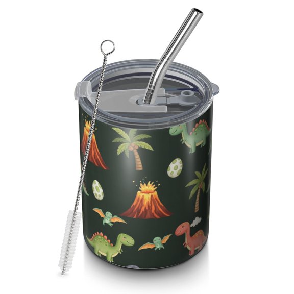 12oz Coffee Tumblers Dark Green Toned Dinosaur and Volcano Pattern Stainless Steel Vacuum Insulated Travel Tumbler Coffee Cups Mug with Lid and Straw with Cleaning Brush for Cold & Hot Drinks