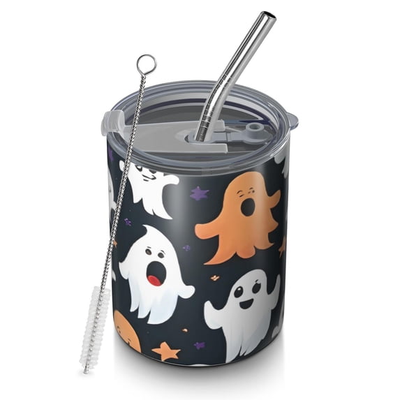 12oz Coffee Tumblers Dark Halloween Ghosts Pumpkins and Stars Stainless Steel Vacuum Insulated Travel Tumbler Coffee Cups Mug with Lid and Straw with Cleaning Brush for Cold & Hot Drinks