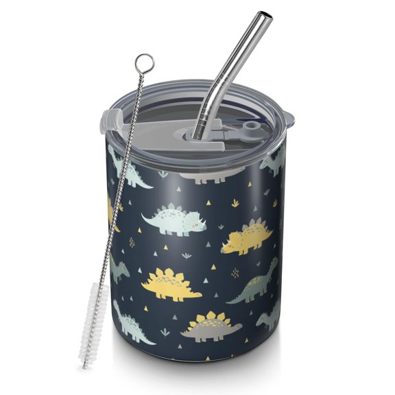 12oz Coffee Tumblers DarkBlue Cartoon Dinosaurs Yellow Triangles Pattern Stainless Steel Vacuum Insulated Travel Tumbler Coffee Cups Mug with Lid and Straw with Cleaning Brush for Cold & Hot Drinks