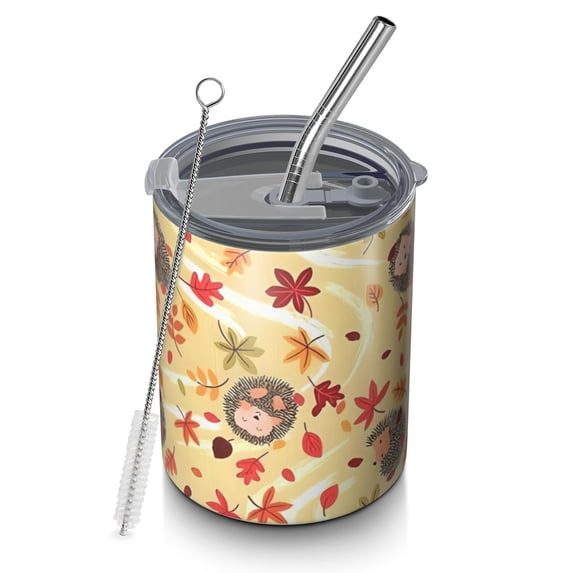 12oz Coffee Tumblers Fall Hedgehog and Leaves Stainless Steel Vacuum Insulated Travel Tumbler Coffee Cups Mug with Lid and Straw with Cleaning Brush for Cold & Hot Drinks