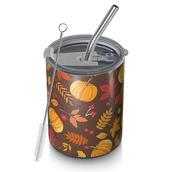 12oz Coffee Tumblers Fall Pumpkins Leaves Pattern Stainless Steel Vacuum Insulated Travel Tumbler Coffee Cups Mug with Lid and Straw with Cleaning Brush for Cold & Hot Drinks