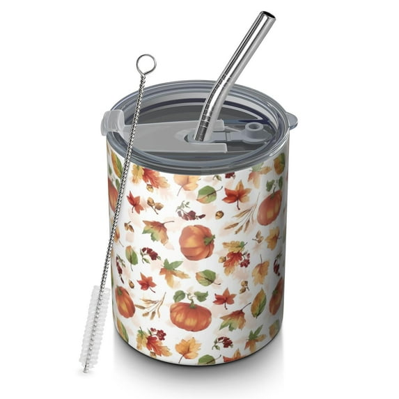 12oz Coffee Tumblers Fall Pumpkins Leaves Pattern Stainless Steel Vacuum Insulated Travel Tumbler Coffee Cups Mug with Lid and Straw with Cleaning Brush for Cold & Hot Drinks