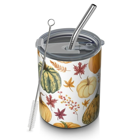 12oz Coffee Tumblers Fall Pumpkins Leaves Pattern Stainless Steel Vacuum Insulated Travel Tumbler Coffee Cups Mug with Lid and Straw with Cleaning Brush for Cold & Hot Drinks