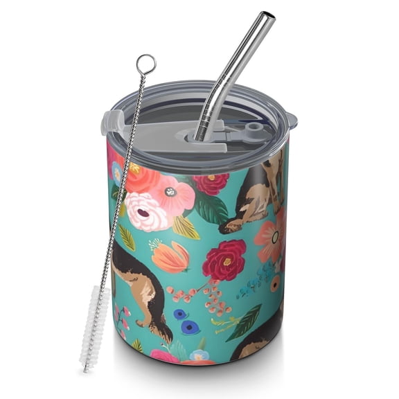 12oz Coffee Tumblers German Shepherd Dog and Flower Stainless Steel Vacuum Insulated Travel Tumbler Coffee Cups Mug with Lid and Straw with Cleaning Brush for Cold & Hot Drinks