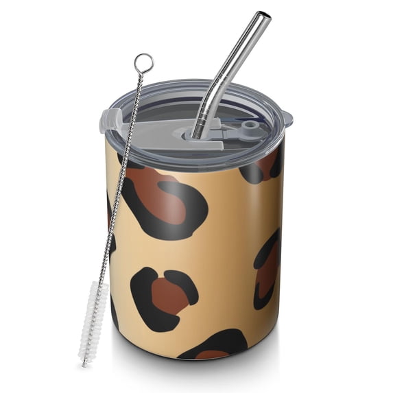 12oz Coffee Tumblers Gold and Brown Of Leopard Print Stainless Steel Vacuum Insulated Travel Tumbler Coffee Cups Mug with Lid and Straw with Cleaning Brush for Cold & Hot Drinks