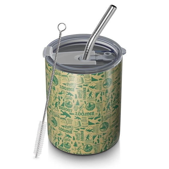 12oz Coffee Tumblers Green Bigfoot and Text Pattern Stainless Steel Vacuum Insulated Travel Tumbler Coffee Cups Mug with Lid and Straw with Cleaning Brush for Cold & Hot Drinks