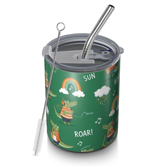12oz Coffee Tumblers Green Crocodile Rainbow Pattern Stainless Steel Vacuum Insulated Travel Tumbler Coffee Cups Mug with Lid and Straw with Cleaning Brush for Cold & Hot Drinks