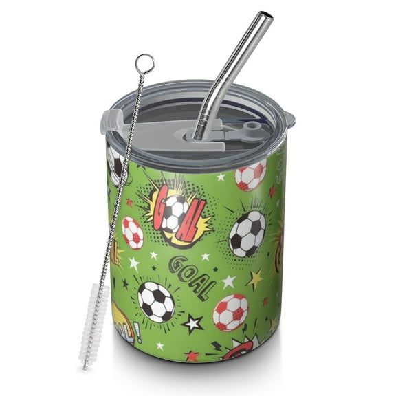 12oz Coffee Tumblers Green Soccer Comic Pattern Stainless Steel Vacuum Insulated Travel Tumbler Coffee Cups Mug with Lid and Straw with Cleaning Brush for Cold & Hot Drinks