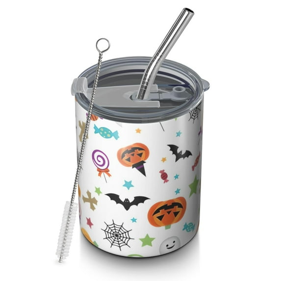 12oz Coffee Tumblers Halloween Colorful Halloween Elements Stainless Steel Vacuum Insulated Travel Tumbler Coffee Cups Mug with Lid and Straw with Cleaning Brush for Cold & Hot Drinks