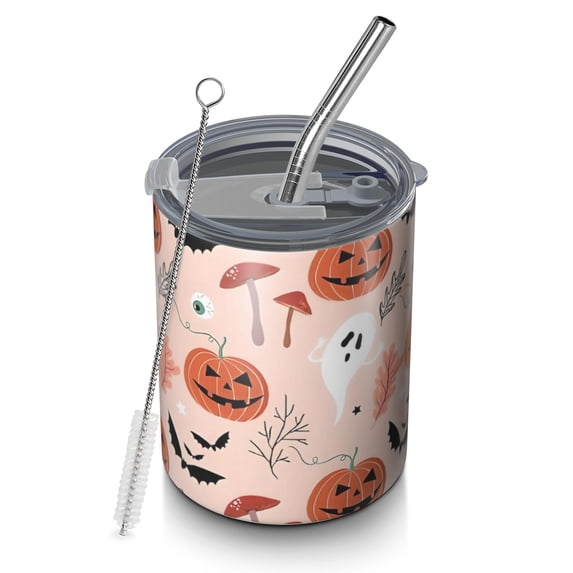 12oz Coffee Tumblers Halloween Ghosts and Pumpkins Pattern Stainless Steel Vacuum Insulated Travel Tumbler Coffee Cups Mug with Lid and Straw with Cleaning Brush for Cold & Hot Drinks