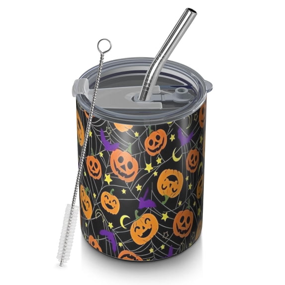 12oz Coffee Tumblers Halloween Pumpkins and Spider Webs Stainless Steel Vacuum Insulated Travel Tumbler Coffee Cups Mug with Lid and Straw with Cleaning Brush for Cold & Hot Drinks