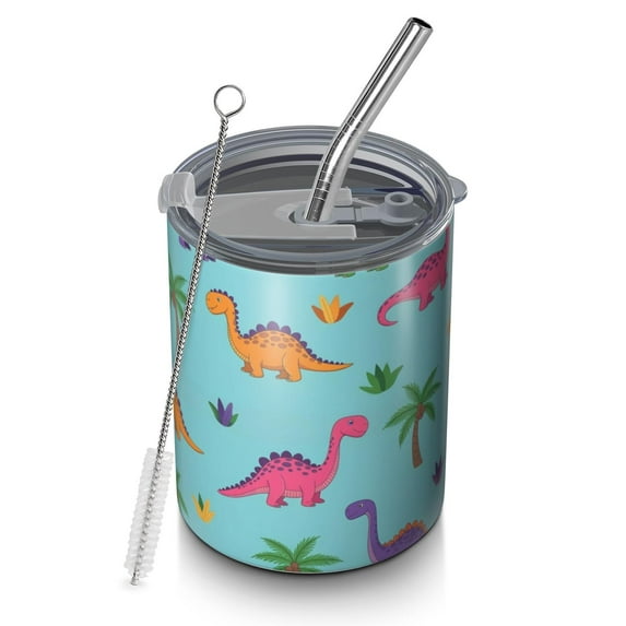 12oz Coffee Tumblers Light Blue Dinosaur Palm Pattern Stainless Steel Vacuum Insulated Travel Tumbler Coffee Cups Mug with Lid and Straw with Cleaning Brush for Cold & Hot Drinks