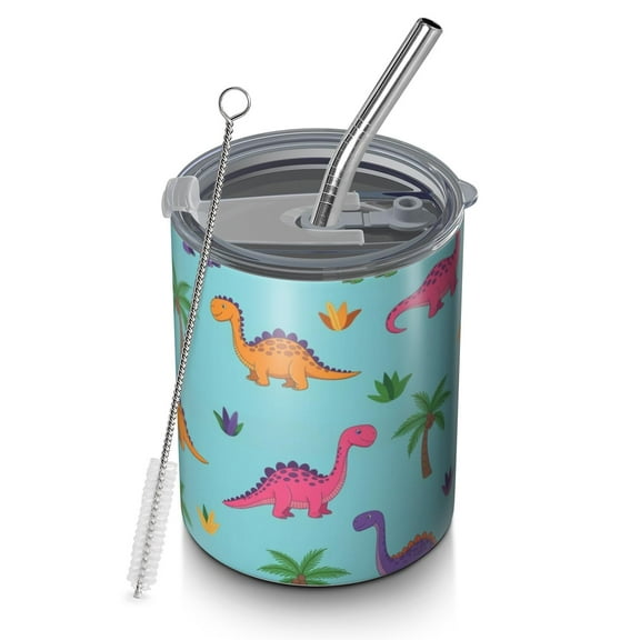 12oz Coffee Tumblers Light Blue Dinosaur Palm Pattern Stainless Steel Vacuum Insulated Travel Tumbler Coffee Cups Mug with Lid and Straw with Cleaning Brush for Cold & Hot Drinks