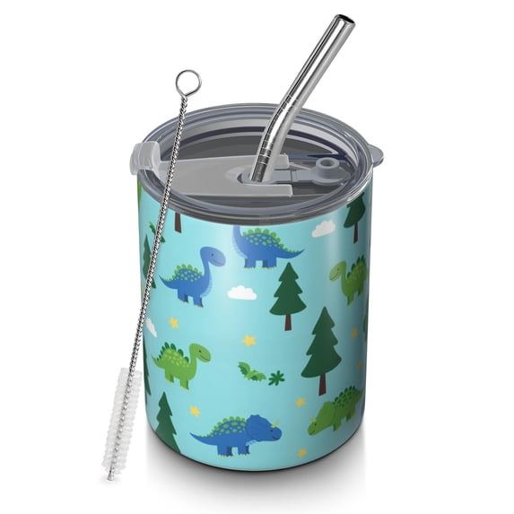 12oz Coffee Tumblers Light Blue Dinosaurs Forest Pattern Stainless Steel Vacuum Insulated Travel Tumbler Coffee Cups Mug with Lid and Straw with Cleaning Brush for Cold & Hot Drinks