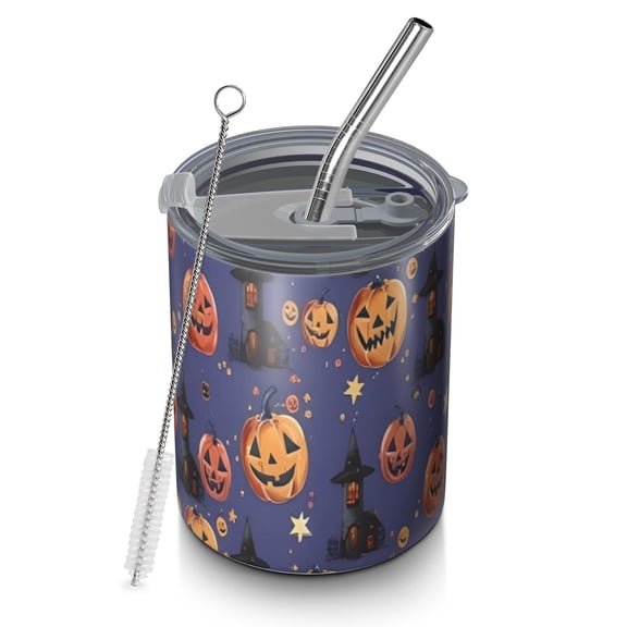 12oz Coffee Tumblers Magical Pumpkin Castle Halloween Pattern Stainless Steel Vacuum Insulated Travel Tumbler Coffee Cups Mug with Lid and Straw with Cleaning Brush for Cold & Hot Drinks