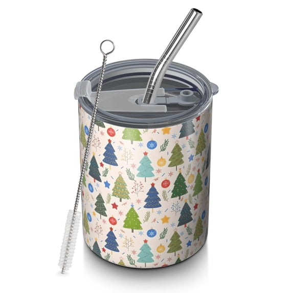 12oz Coffee Tumblers Multicolor Christmas Tree and Ornament Pattern Stainless Steel Vacuum Insulated Travel Tumbler Coffee Cups Mug with Lid and Straw with Cleaning Brush for Cold & Hot Drinks