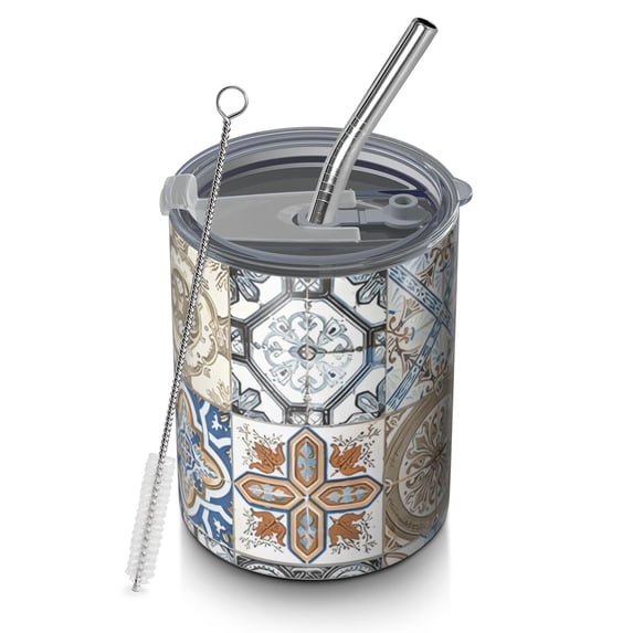 12oz Coffee Tumblers Multicolor Ethnic Geometric Patchwork Pattern Stainless Steel Vacuum Insulated Travel Tumbler Coffee Cups Mug with Lid and Straw with Cleaning Brush for Cold & Hot Drinks