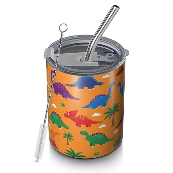 12oz Coffee Tumblers Orange Dinosaur Volcano Pattern Stainless Steel Vacuum Insulated Travel Tumbler Coffee Cups Mug with Lid and Straw with Cleaning Brush for Cold & Hot Drinks