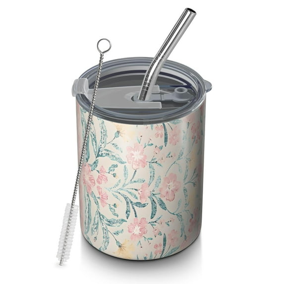 12oz Coffee Tumblers Pink Floral Pattern Stainless Steel Vacuum Insulated Travel Tumbler Coffee Cups Mug with Lid and Straw with Cleaning Brush for Cold & Hot Drinks