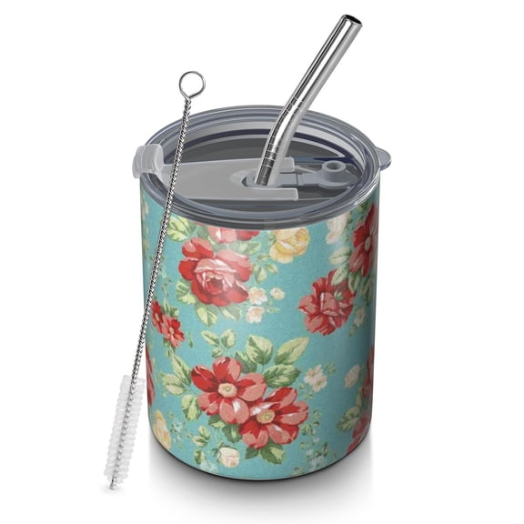 12oz Coffee Tumblers Pioneer Flower Floral Print Pattern Stainless Steel Vacuum Insulated Travel Tumbler Coffee Cups Mug with Lid and Straw with Cleaning Brush for Cold & Hot Drinks
