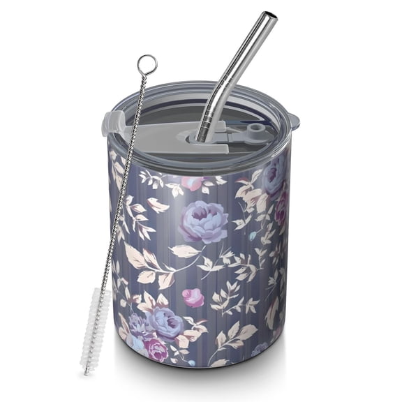 12oz Coffee Tumblers Pioneer Flower Floral Print Pattern Stainless Steel Vacuum Insulated Travel Tumbler Coffee Cups Mug with Lid and Straw with Cleaning Brush for Cold & Hot Drinks