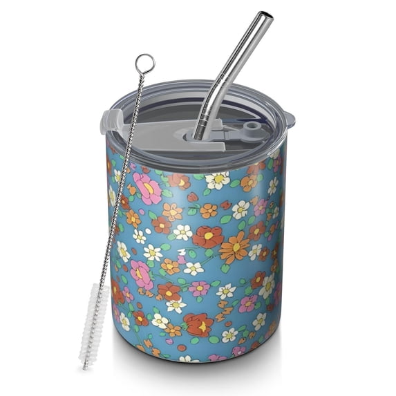 12oz Coffee Tumblers Pioneer Flower Floral Print Pattern Stainless Steel Vacuum Insulated Travel Tumbler Coffee Cups Mug with Lid and Straw with Cleaning Brush for Cold & Hot Drinks