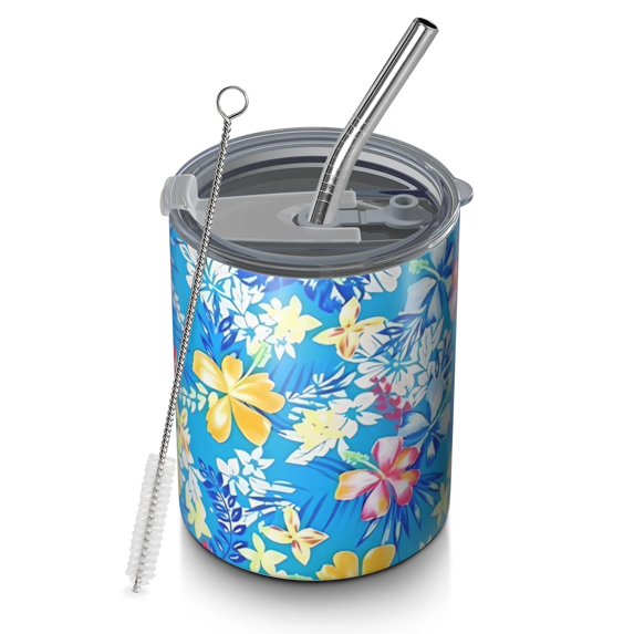 12oz Coffee Tumblers Pioneer Flower Floral Print Pattern Stainless Steel Vacuum Insulated Travel Tumbler Coffee Cups Mug with Lid and Straw with Cleaning Brush for Cold & Hot Drinks
