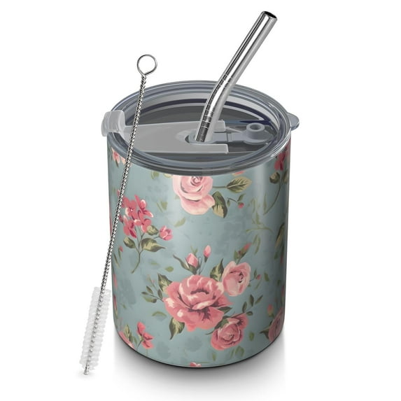 12oz Coffee Tumblers Pioneer Flower Floral Print Pattern Stainless Steel Vacuum Insulated Travel Tumbler Coffee Cups Mug with Lid and Straw with Cleaning Brush for Cold & Hot Drinks