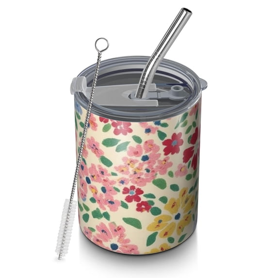 12oz Coffee Tumblers Pioneer Flower Stainless Steel Vacuum Insulated Travel Tumbler Coffee Cups Mug with Lid and Straw with Cleaning Brush for Cold & Hot Drinks
