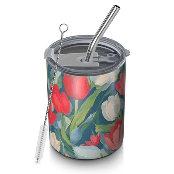 12oz Coffee Tumblers Pioneer Flower Stainless Steel Vacuum Insulated Travel Tumbler Coffee Cups Mug with Lid and Straw with Cleaning Brush for Cold & Hot Drinks