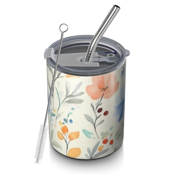12oz Coffee Tumblers Pioneer Flower Stainless Steel Vacuum Insulated Travel Tumbler Coffee Cups Mug with Lid and Straw with Cleaning Brush for Cold & Hot Drinks
