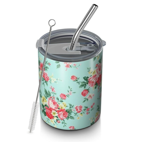 12oz Coffee Tumblers Pioneer Flower Stainless Steel Vacuum Insulated Travel Tumbler Coffee Cups Mug with Lid and Straw with Cleaning Brush for Cold & Hot Drinks