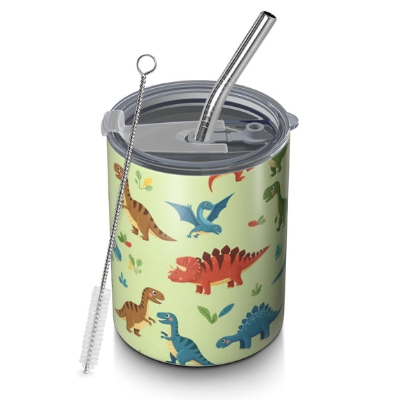 12oz Coffee Tumblers Rainbow Dinosaurs Tiny Plants Stainless Steel Vacuum Insulated Travel Tumbler Coffee Cups Mug with Lid and Straw with Cleaning Brush for Cold & Hot Drinks