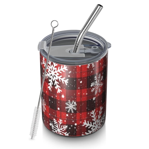 12oz Coffee Tumblers Red and Black Christmas Snowflake Pattern Stainless Steel Vacuum Insulated Travel Tumbler Coffee Cups Mug with Lid and Straw with Cleaning Brush for Cold & Hot Drinks