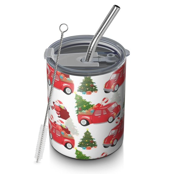 12oz Coffee Tumblers Red Christmas Car Pattern Stainless Steel Vacuum Insulated Travel Tumbler Coffee Cups Mug with Lid and Straw with Cleaning Brush for Cold & Hot Drinks