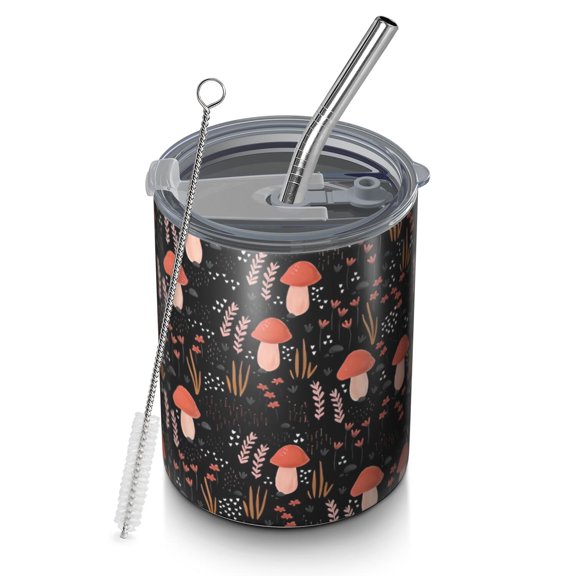 12oz Coffee Tumblers Red Mushroom Grass Black Pattern Stainless Steel Vacuum Insulated Travel Tumbler Coffee Cups Mug with Lid and Straw with Cleaning Brush for Cold & Hot Drinks