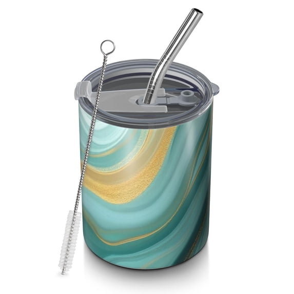 12oz Coffee Tumblers Teal Marble Gold Wave Pattern Stainless Steel Vacuum Insulated Travel Tumbler Coffee Cups Mug with Lid and Straw with Cleaning Brush for Cold & Hot Drinks