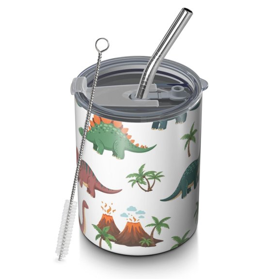 12oz Coffee Tumblers White Cartoon Dinosaurs Volcanoes Pattern Stainless Steel Vacuum Insulated Travel Tumbler Coffee Cups Mug with Lid and Straw with Cleaning Brush for Cold & Hot Drinks