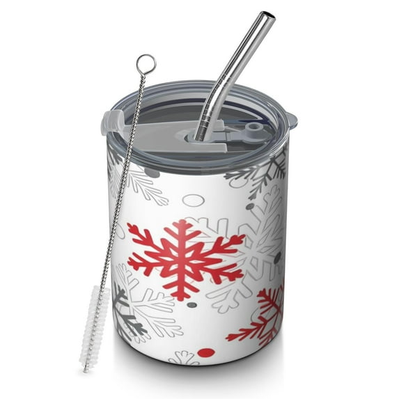 12oz Coffee Tumblers White Christmas Snowflake Pattern Stainless Steel Vacuum Insulated Travel Tumbler Coffee Cups Mug with Lid and Straw with Cleaning Brush for Cold & Hot Drinks
