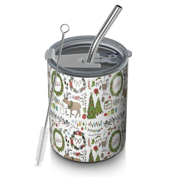 12oz Coffee Tumblers White Christmas Wreath Pattern Stainless Steel Vacuum Insulated Travel Tumbler Coffee Cups Mug with Lid and Straw with Cleaning Brush for Cold & Hot Drinks