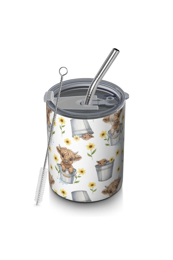 12oz Coffee Tumblers White Highland Cow Bucket Sunflower Pattern Stainless Steel Vacuum Insulated Travel Tumbler Coffee Cups Mug with Lid and Straw with Cleaning Brush for Cold & Hot Drinks