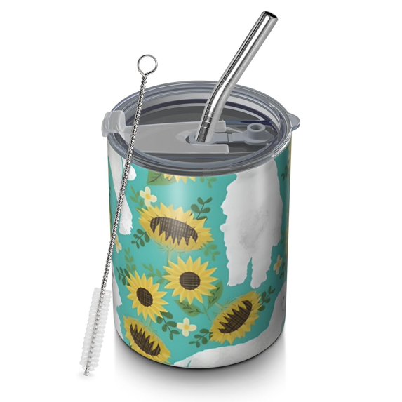 12oz Coffee Tumblers White Poodle Dog and Sunflowers Stainless Steel Vacuum Insulated Travel Tumbler Coffee Cups Mug with Lid and Straw with Cleaning Brush for Cold & Hot Drinks