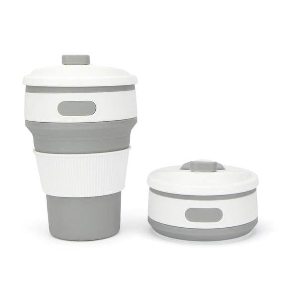 12oz Collapsible Silicone Coffee Cup with Leak-Proof Lid, 350ml Portable Expandable Travel Mug, BPA-Free Heat Resistant Foldable Pocket Cup for Office, Commuting and Outdoor Hiking