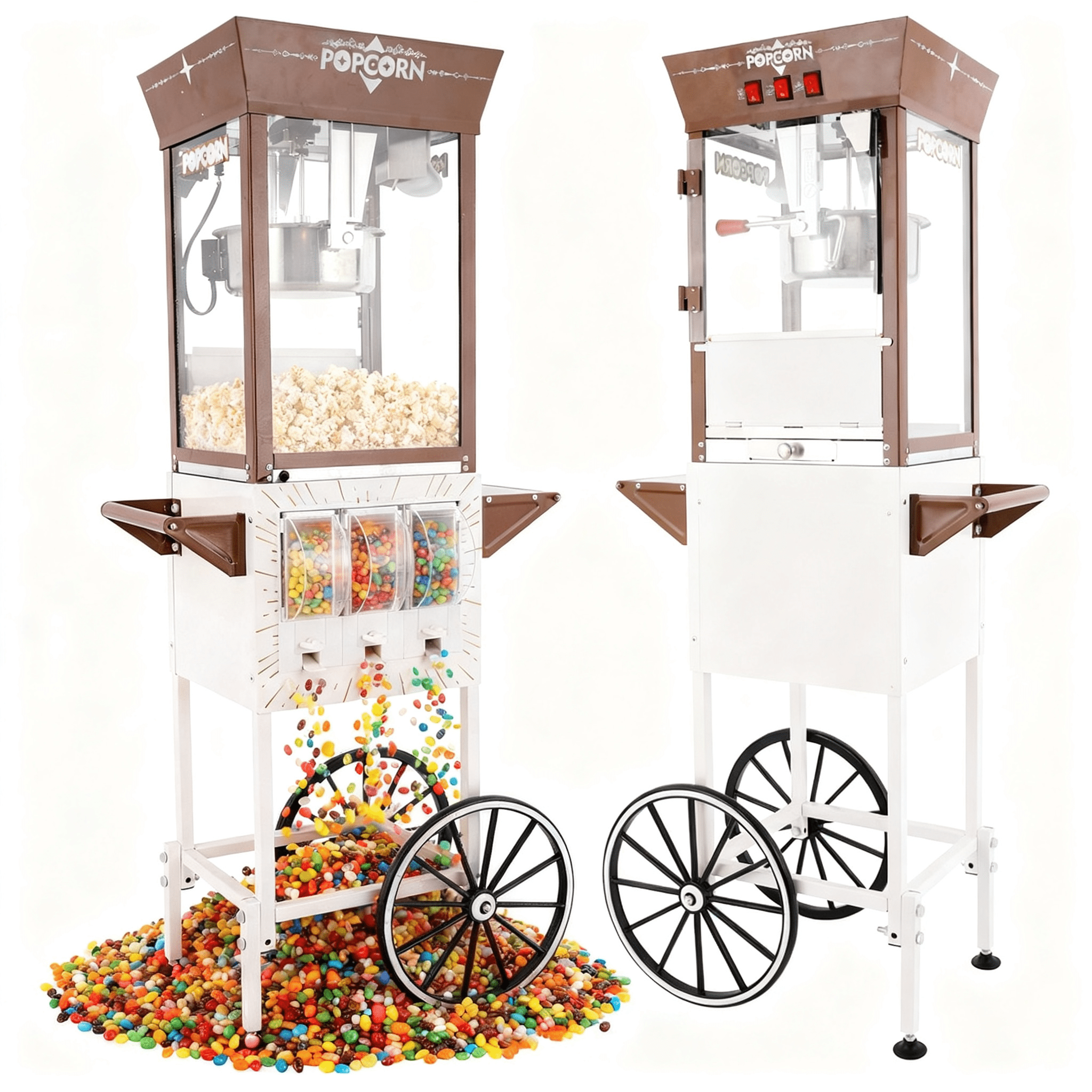 12oz Commercial Popcorn Machine with Cart, 3 Control Buttons Electric Popcorn Maker, Comes with 3 Candy Storage Boxes & 3 Plastic Spoons, Retro Popcorn Popper for Movie Theater Snack Bar