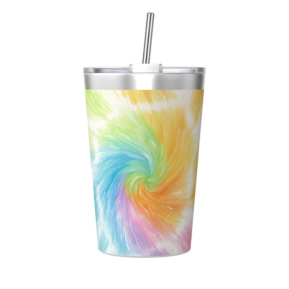 12oz Conical Thermal Insulation Cup 4.93.2in With Straw No Odor Insulation Effect Is Good For Party Camping Picnic Travel Lightgreen Tie Dye Background Rainbow Colors